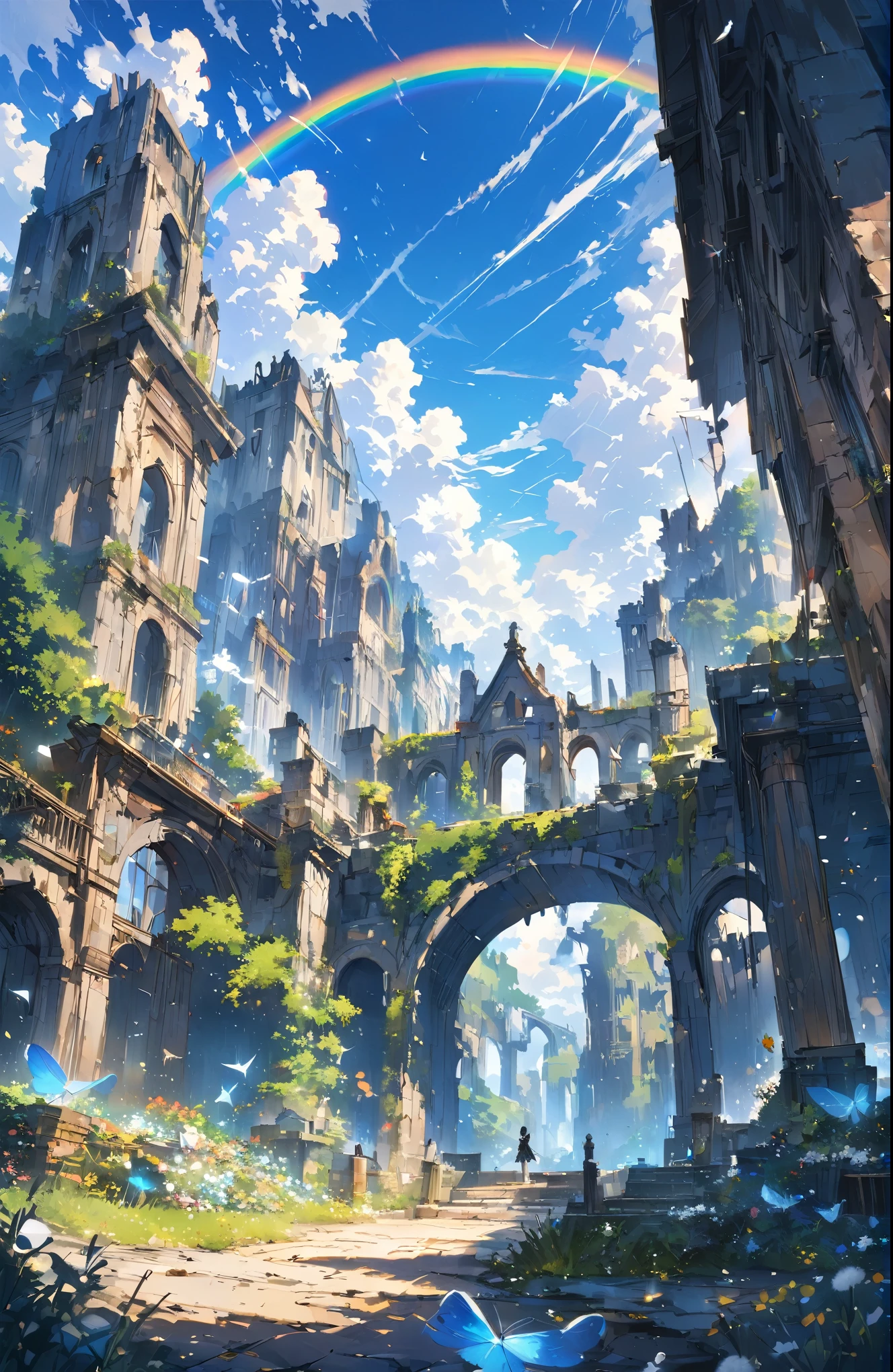 ((Amazingly absurd)),(masterpiece:1.2),超High resolution, Attention to detail, high quality, High resolution, 最high quality, 4K, 8k、very beautiful、landscape、landscape画、Endless blue sky、A rainbow appears、There is a group of ruins、Dandelion fluff flies up,rainbow