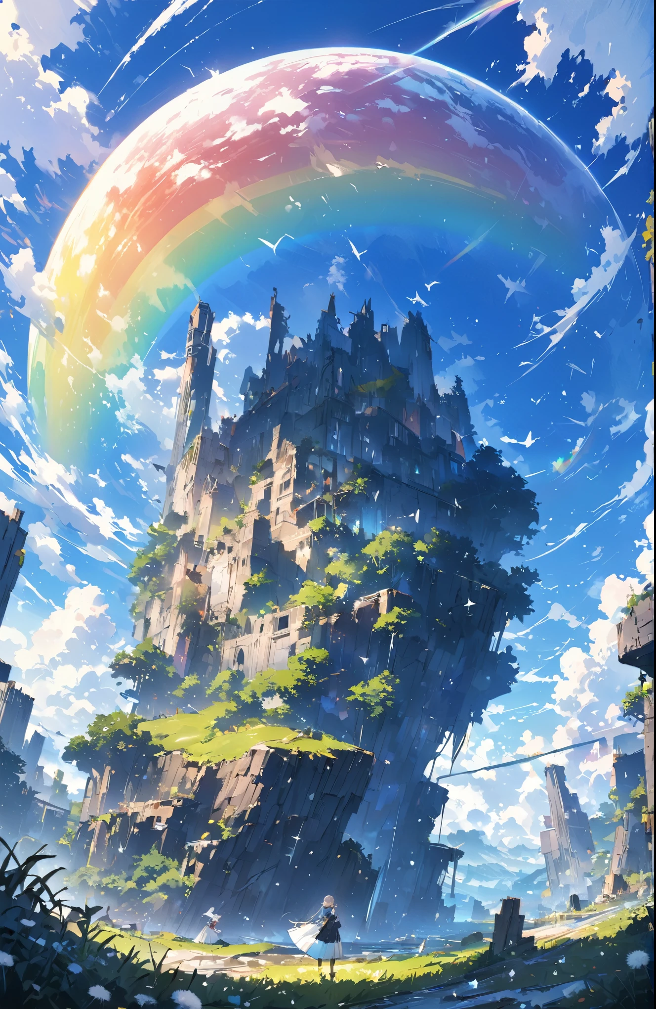((Amazingly absurd)),(masterpiece:1.2),超High resolution, Attention to detail, high quality, High resolution, 最high quality, 4K, 8k、very beautiful、landscape、landscape画、Endless blue sky、A rainbow appears、There is a group of ruins、Dandelion fluff flies up,rainbow