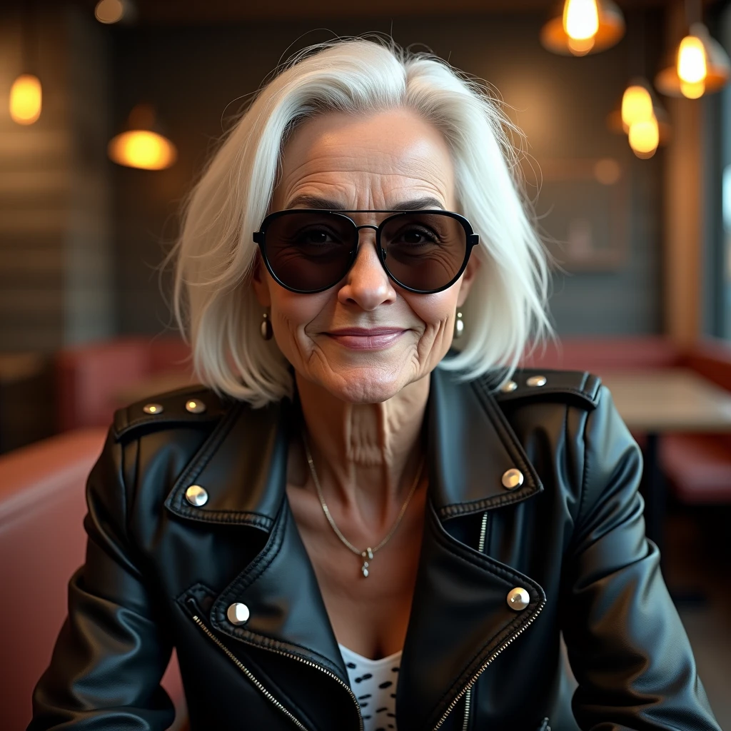サングラス越しにチャラい笑みを浮かべるイケイケ婆さん: "Create a realistic image of an elderly woman with sleek, shoulder-length white hair, wearing dark aviator sunglasses and giving a playful, slightly flirtatious smile. She’s dressed in a chic leather jacket with studded details, and the background is a trendy café with modern decor and a cozy, inviting ambiance."