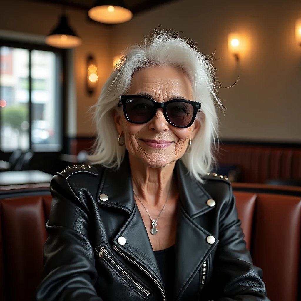 サングラス越しにチャラい笑みを浮かべるイケイケ婆さん: "Create a realistic image of an elderly woman with sleek, shoulder-length white hair, wearing dark aviator sunglasses and giving a playful, slightly flirtatious smile. She’s dressed in a chic leather jacket with studded details, and the background is a trendy café with modern decor and a cozy, inviting ambiance."