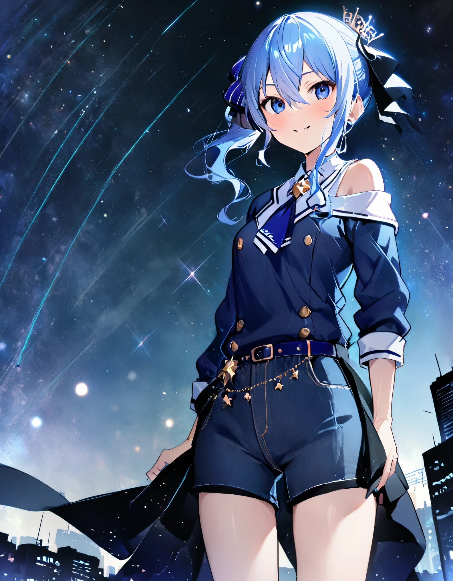(8k、Best image quality、highest quality、masterpiece)、Detailed face、 1girl、Blue Hair、Long Hair、sideponytail、dark_blue_eyes、smile,(navel:0.6),Moderate_torso、small_breasts,((White T-shirt))、Off the shoulder、Black shoulder straps、(open_front_denim_short_shorts:1.2)、Cowboy Shot、Shoot from below、City Background, starry_sky_landscape ,hoshimachi suisei, slender,(covered_nipples:0.3), (belly button:1.2),nihil,solo,stargaze,girl_looking_up_sky,(abs:0.6),tie_of_shirt
