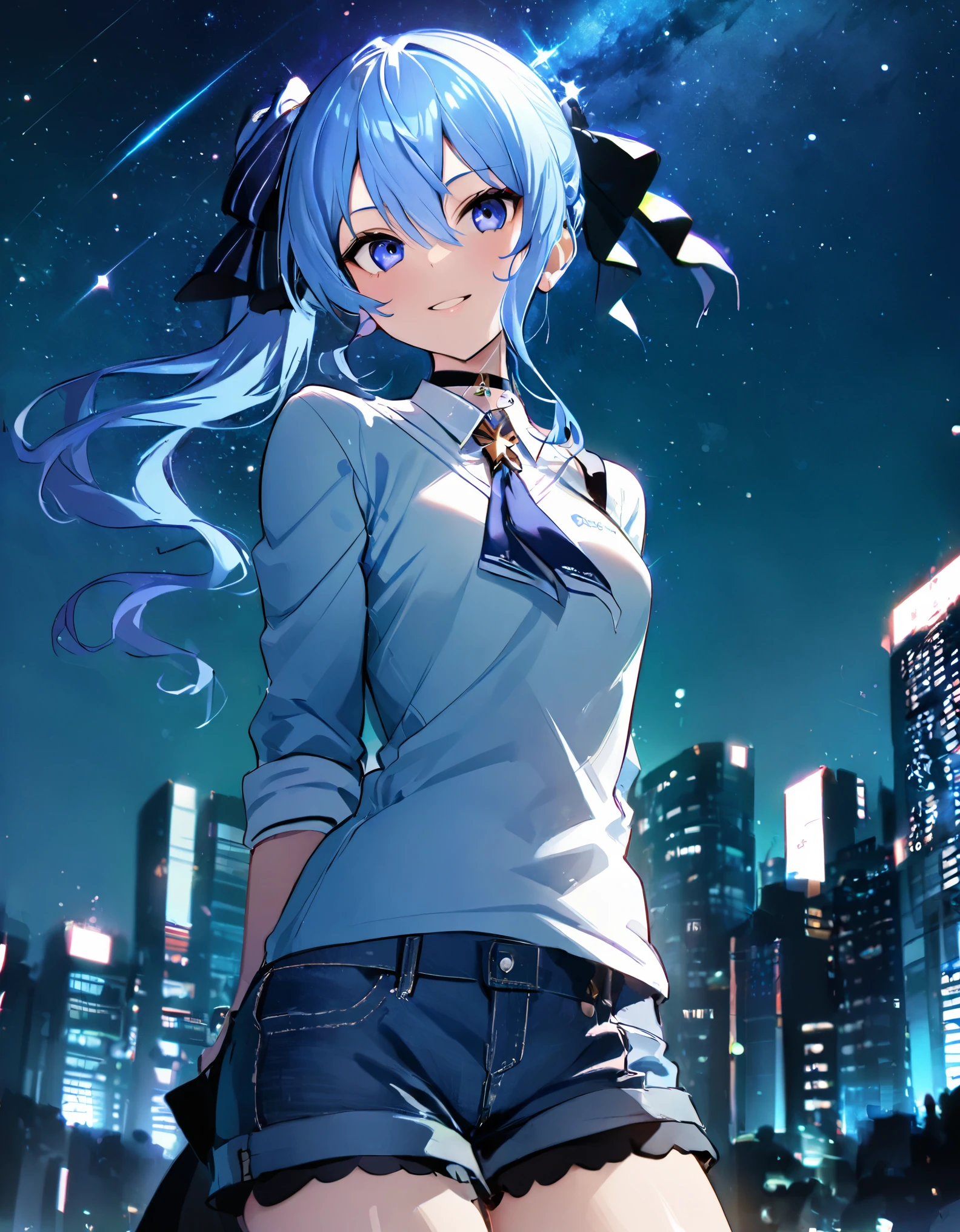 (8k、Best image quality、highest quality、masterpiece)、Detailed face、 1girl、Blue Hair、Long Hair、sideponytail、dark_blue_eyes、smile,(navel:0.6),Moderate_torso、small_breasts,((White T-shirt))、Off the shoulder、Black shoulder straps、(open_front_denim_short_shorts:1.2)、Cowboy Shot、Shoot from below、City Background, starry_sky_landscape ,hoshimachi suisei, slender,(covered_nipples:0.3), (belly button:1.2),nihil,solo,stargaze,girl_looking_up_sky,(abs:0.6),tie_of_shirt