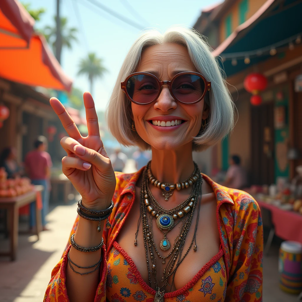 ピースサインをしながらウィンクするイケイケ婆さん: "Illustrate a hyper-realistic image of an elderly woman with a stylish bob, wearing oversized, round sunglasses and flashing a peace sign while winking at the camera. She’s dressed in a colorful, bohemian-style outfit with layers of jewelry. The background is a vibrant outdoor market with bright stalls and a festive atmosphere, enhancing her playful and lively personality."