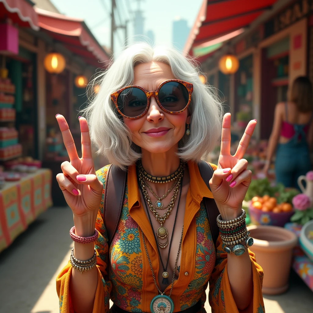 ピースサインをしながらウィンクするイケイケ婆さん: "Illustrate a hyper-realistic image of an elderly woman with a stylish bob, wearing oversized, round sunglasses and flashing a peace sign while winking at the camera. She’s dressed in a colorful, bohemian-style outfit with layers of jewelry. The background is a vibrant outdoor market with bright stalls and a festive atmosphere, enhancing her playful and lively personality."