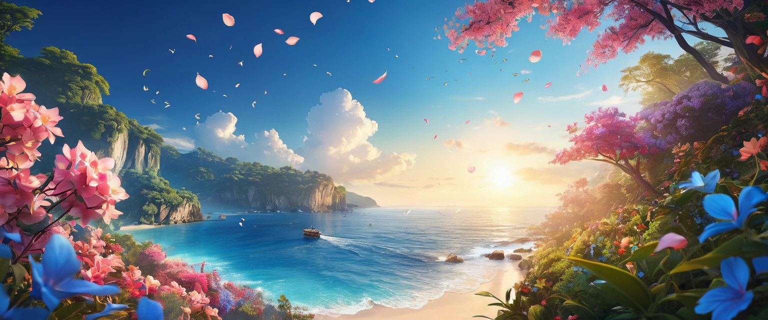 a masterpiece, (best qualityer, 8 k wallpaper, extremely detailed CG unity),(Highest quality illustration),(high-quality shadows),naturey, blue ocean, leaves delicate, multicolored flower petals falling through the air with trails of light, ultra detali