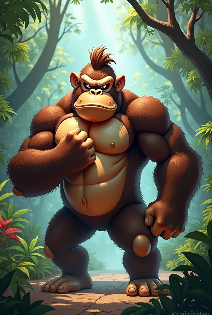 Detailed picture of a Donkey Kong anthro, (chocolate brown, big), he is beating his chest with his left hand on the middle of the jungle, trending on Art Station, Ross Tran, ruan jia, foxovh, ((determined expression, (((dynamic lighting,))), cartoon