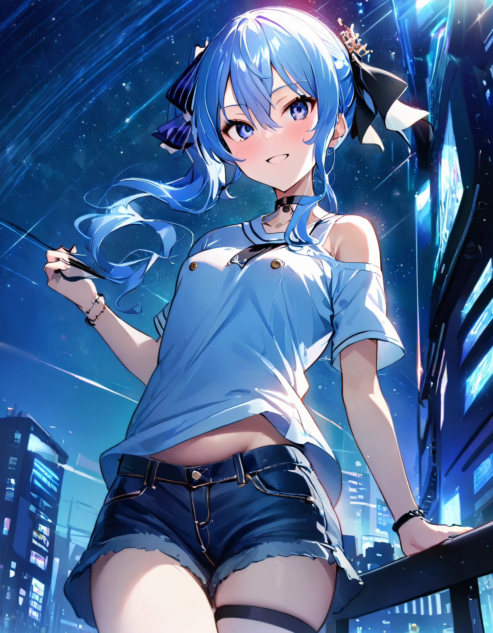 (8k、Best image quality、highest quality、masterpiece)、Detailed face、 1girl、Blue Hair、Long Hair、sideponytail、dark_blue_eyes、smile,(navel:0.6),Moderate_torso、small_breasts,((White T-shirt))、Off the shoulder、Black shoulder straps、(open_front_denim_short_shorts:1.2)、Cowboy Shot、Shoot from below、City Background, starry_sky_landscape ,hoshimachi suisei, slender,(covered_nipples:0.3), (belly button:1.2),nihil,solo,stargaze,girl_looking_up_sky,(abs:0.6),tie_of_shirt