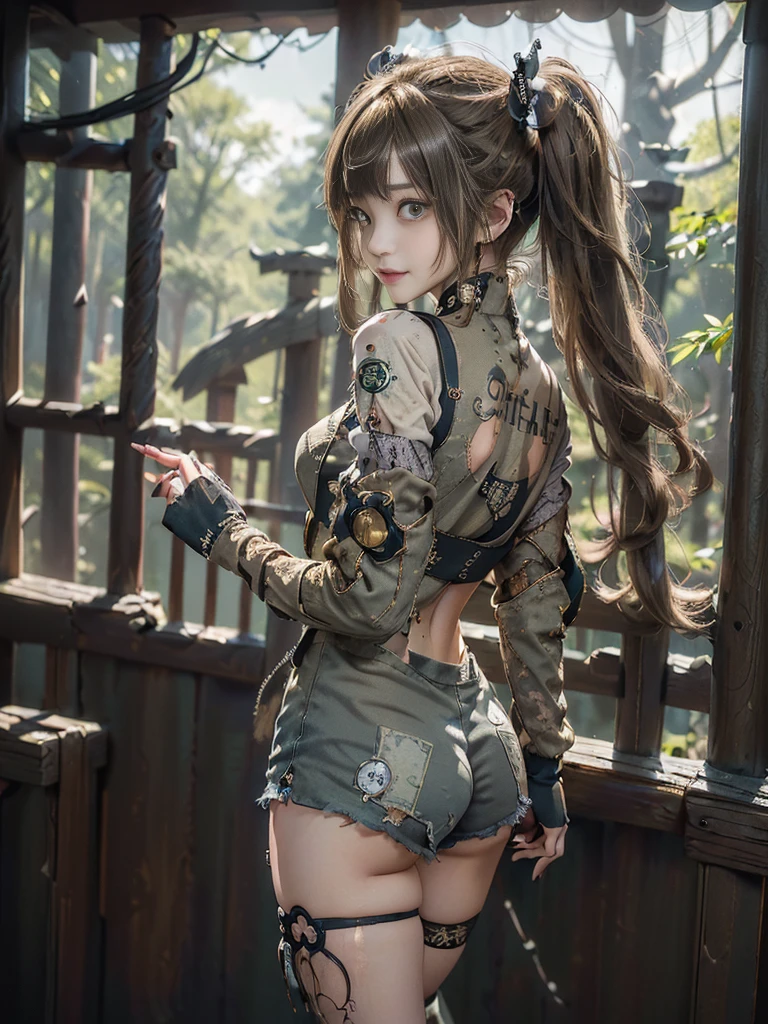 (Full Body View:1.4)、(Back view:1.4)、(Please smile with your teeth showing:1.4),(Shibuya Gal:1.5)、(Goth Style Fashion:1.5)、(Tattered khaki and gray futuristic micro high leg bodysuit:1.5)、(Tattered Khaki and Beige Micro Fancy Sleeves:1.5)、(Tattered khaki micro shorts:1.5)、(Brown and khaki knee socks:1.3)、(camouflage:1.3)、(Military jacket:1.4)、Brown boots、Khaki gloves、internal、(underwear is small:1.4)、2、(Posing as a gravure model:1.3)、((Highest quality、8k、masterpiece:1.3))、One person、The beauty of slim abs:1.3、(Hairstyle Casual、Big Tits:1.1)、dress:1.1、Super small face、Narrow eyes、double eyelid、Laughter、Esbian all over body、Dynamic Angle、Close-up、CPL Filter、Blurred Background、Bokeh、Blue Hour、Detailed face and skin texture、Detailed Eyes,(Twin tails:1.3)、(Golden brown hair:1.4)、Gravure idol pose、(Background: Beautiful ancient palace in the deep forest:1.3)、(The body is slim:1.2),(Slim legs:1.4),(clavicle:1.1)