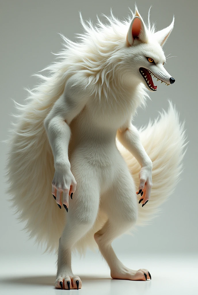 A fox mink man, white fur, uncontrolled appearance one piece style

