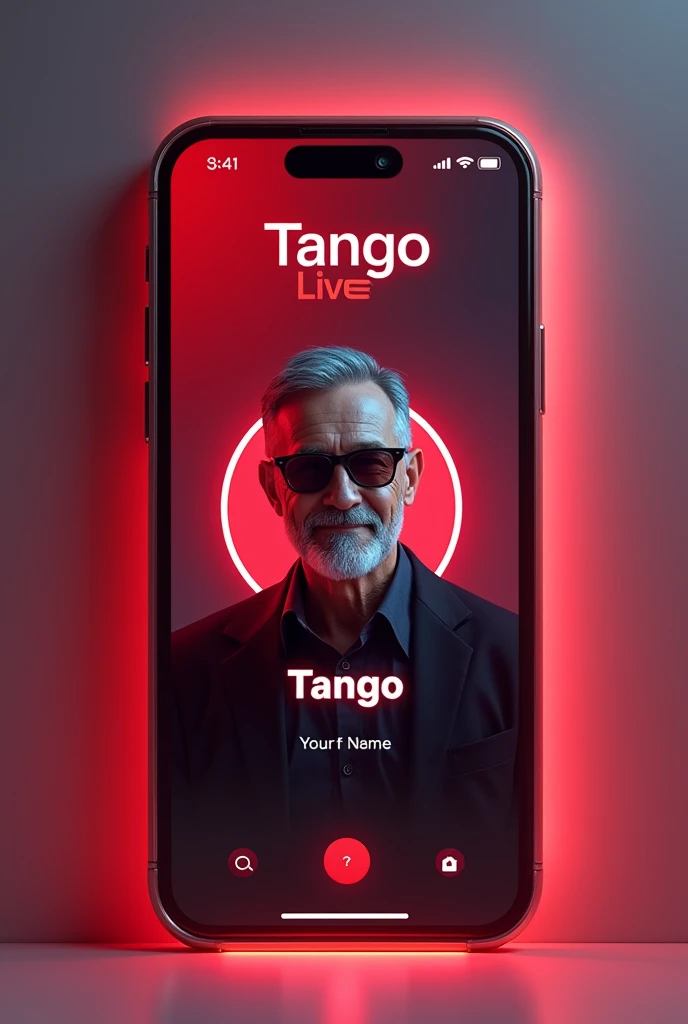 Create a Tango live profile on glass Id card on displaying tango live logo and realistic profile photo of a man with beard with sunglasses in circle and "Abhishek Singh" is written in bold fonts under the profile photo, the Tango card is glowing in red color on the edge.