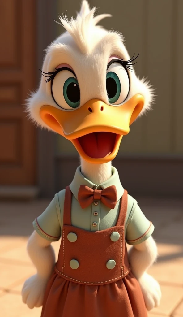 Perfect centering, Looking at the camera, a close up 2/3 of a cartoon duck wearing a shirt with bowtie and a skirt, full body, happy, 3 d animation demo reel, 3d animation, 3 d animation, 3 d animated movie, 3d animated, 3 d animated, tv commercial, clay animation, cgi animation, cute! c4d, cute 3 d render, pixar 3 d animation style, 4 k, 3 d cartoon