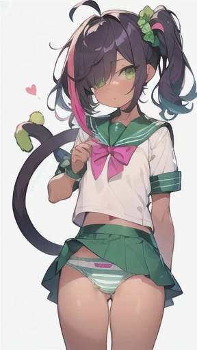 (((scrawny))),((Wheat skin)),(((tall))),tanlines,(side ponytail,ahoge,One eye is covered by hair,Green scrunchies),((Dark purple hair)),(fluorescent pink streaked hair),(Green Eyes),Cat Eyes,(Sailor school uniform,striped panties )