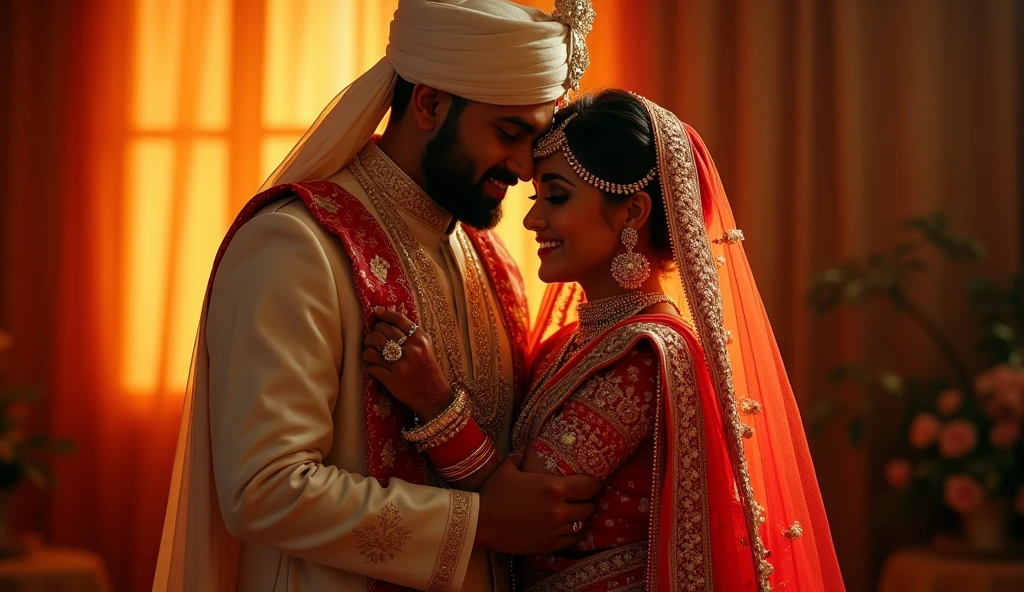 a beautiful hindu woman set on bed in a red sari,ornate jewelry,intricate patterns,dopata on head,smilling,in arms of a masculine muslim man have a belt in has hands wearing white salwar kameez,white taqyah hat,in wedding room,orange lightning,detailed portrait,photorealistic,cinematic lighting,vibrant colors,chiaroscuro,dramatic composition,highly detailed,award winning photo,8k,masterpiece