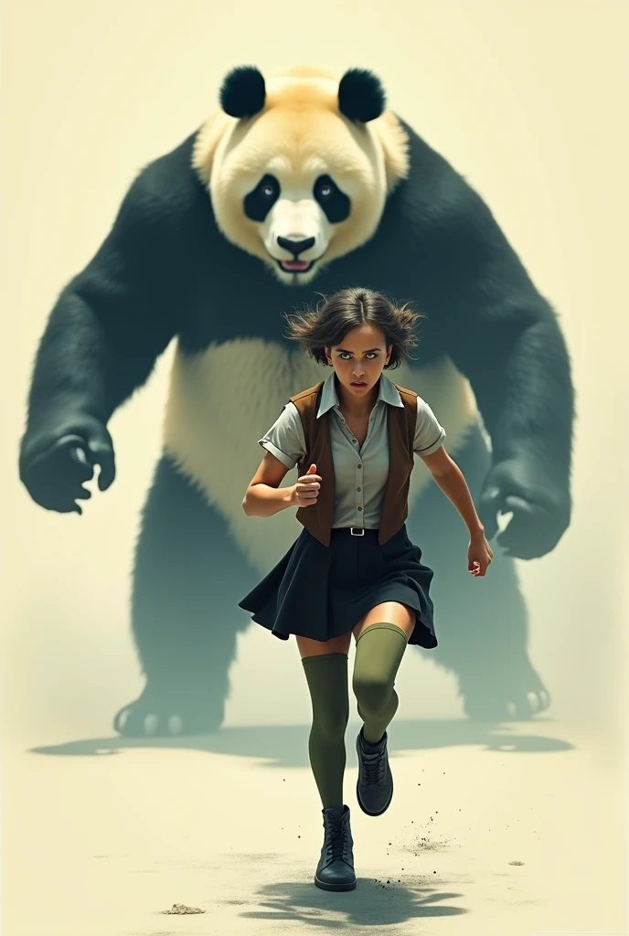 ((Highest quality)), ((masterpiece)), (horror movie posters:1.5), (short-sleeved shirt), グレーの女性のハトがオフホワイトで襟付きのshort-sleeved shirtに薄茶色のベストを着てひざ丈の黒いスカートに濃い緑の靴下と黒の靴を履いている, Female pigeon vs giant panda, A female pigeon sprints away from a giant panda, Muscular grey female pigeon、Photorealistic images,