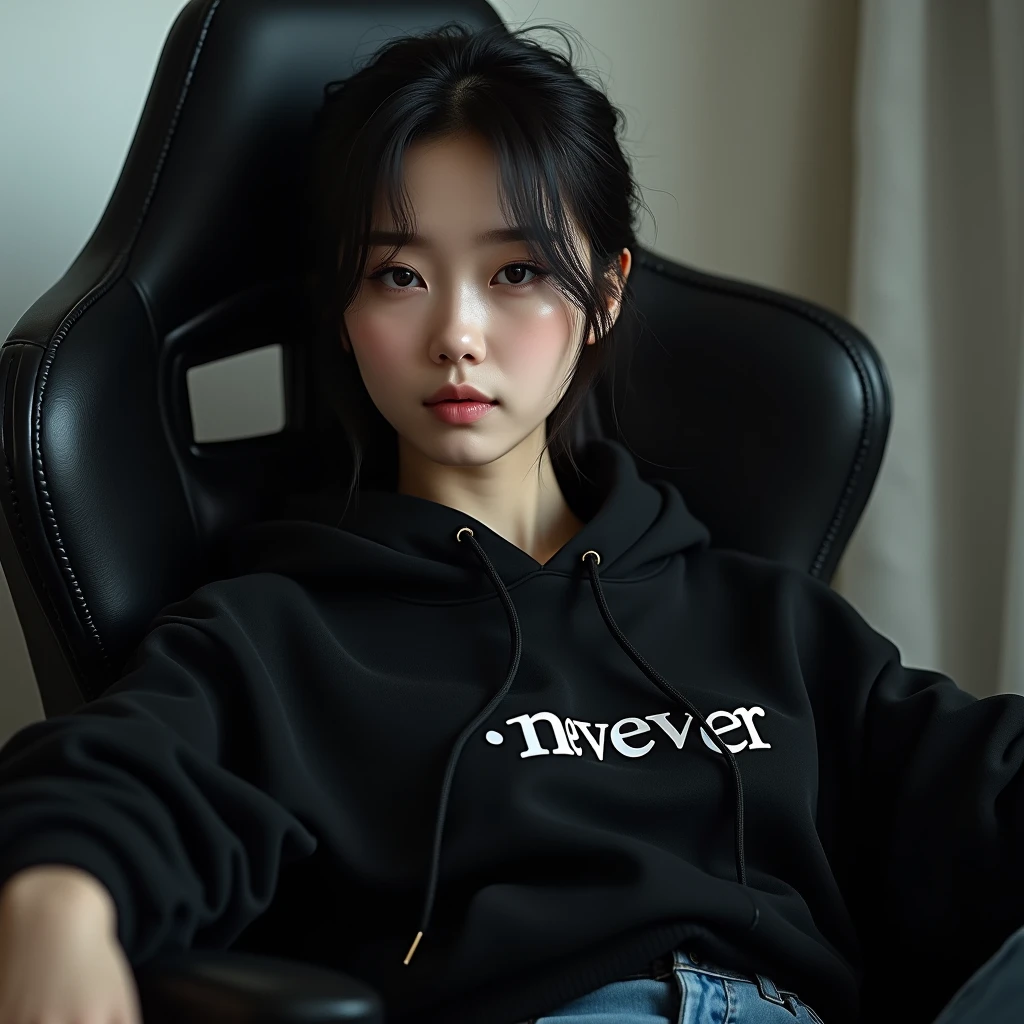 A beautiful Korean woman sitting on a gaming chair wearing a black polite hoodie , with name on hoodie " never "