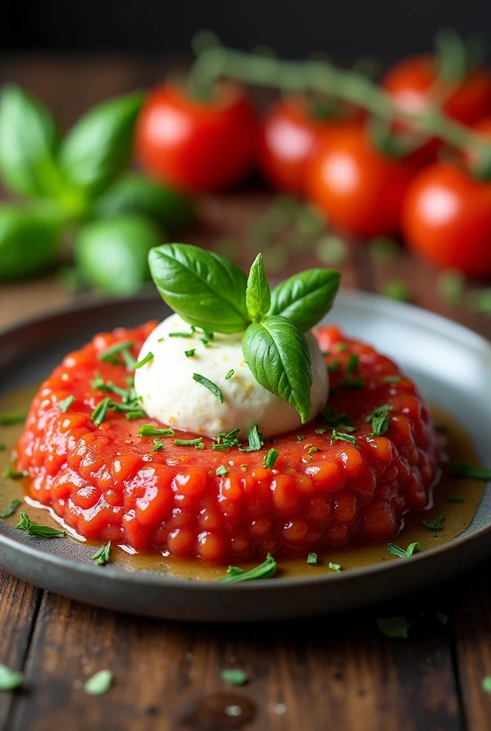 Create a very appetizing dish,Tasty Tomato Tartare ,Burrata and Basil,4k