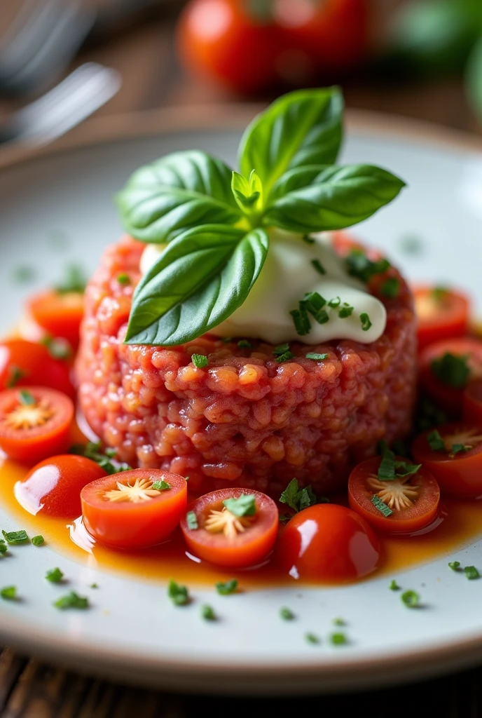 Create a very appetizing dish,Tasty Tomato Tartare ,Burrata and Basil,4k