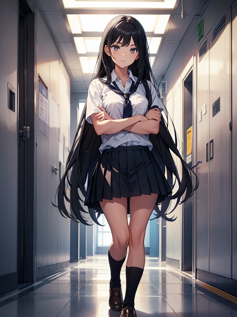 School,corridor,One beautiful girl,Stand with your arms crossed,Pleated skirt,Black socks,Long black hair,Dignified face