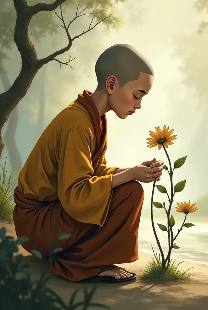 The little monk meditates by the lotus pond，Stop talking，watercolour painting style --auto