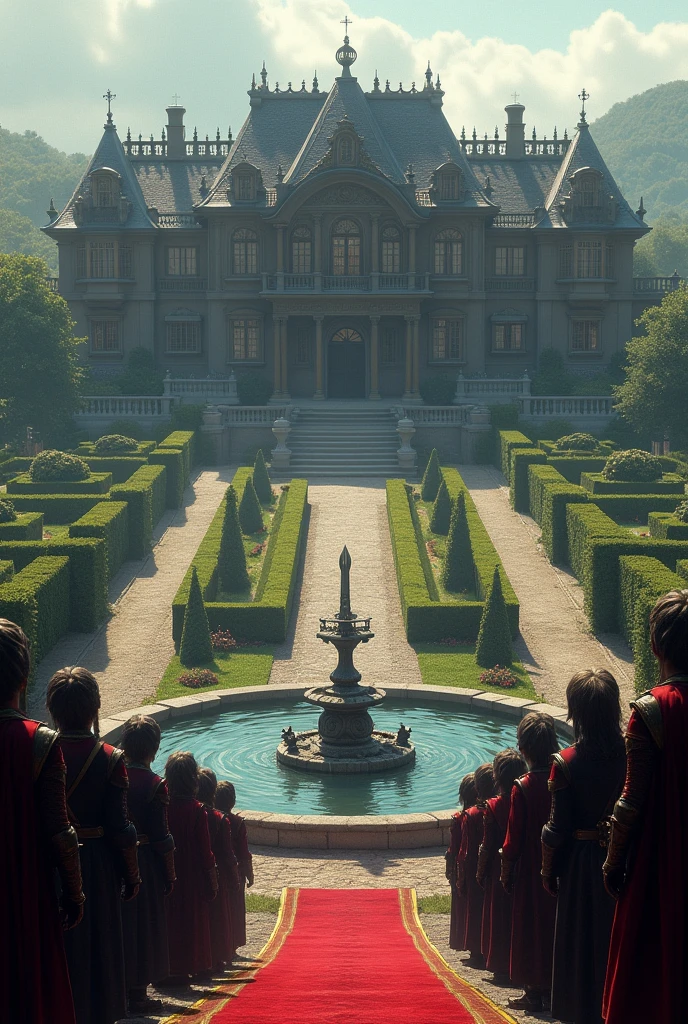 A very large mansion with dark wood, symmetrical with a very large garden and a large fountain, in its center a statue of a sword planted in the middle of the fountain. The mansion has several dozen guards in dark and red armor.