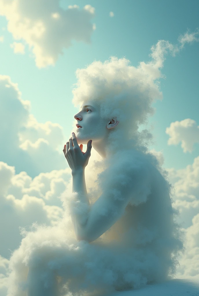 The cloud is shaped like a man, face unknown, sitting with his back turned, chin in hand, looking up at the upper left corner of the screen