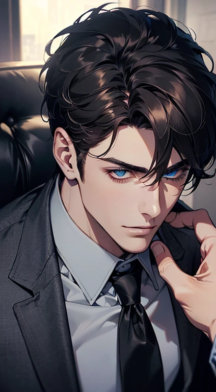 (best quality, masterpiece, 8K, photorealistic, cinematic lighting, 1:4 hdr image, top view, ultra detailed, beautiful image), a mature man, very handsome, short black hair, blue eyes, perfect face without errors , ((buttoning his jacket, CEO))