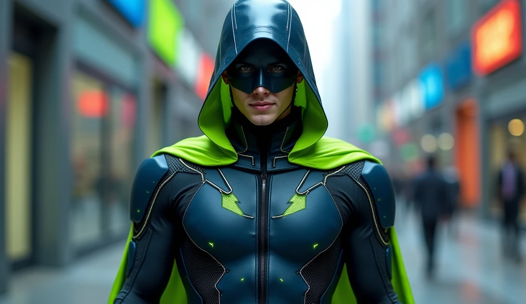 Create a superhero character called 'Techman'. The character must have a fitted and modern outfit, predominantly dark blue and black, with subtle technological details, as digital circuits or standards. Include a lime green chroma style accessory, like a cape or a detail on the hood, that stands out visually. The outfit must convey sophistication and innovation, but without specific symbols or emblems on the chest. The Techman must have a confident and dynamic posture, with a friendly and approachable expression. The background can be a futuristic or technological urban environment, and the lime green piece should be the visual highlight to ensure the character stands out in thumbnails and is easily recognized as the superhero that helps choose the best options.