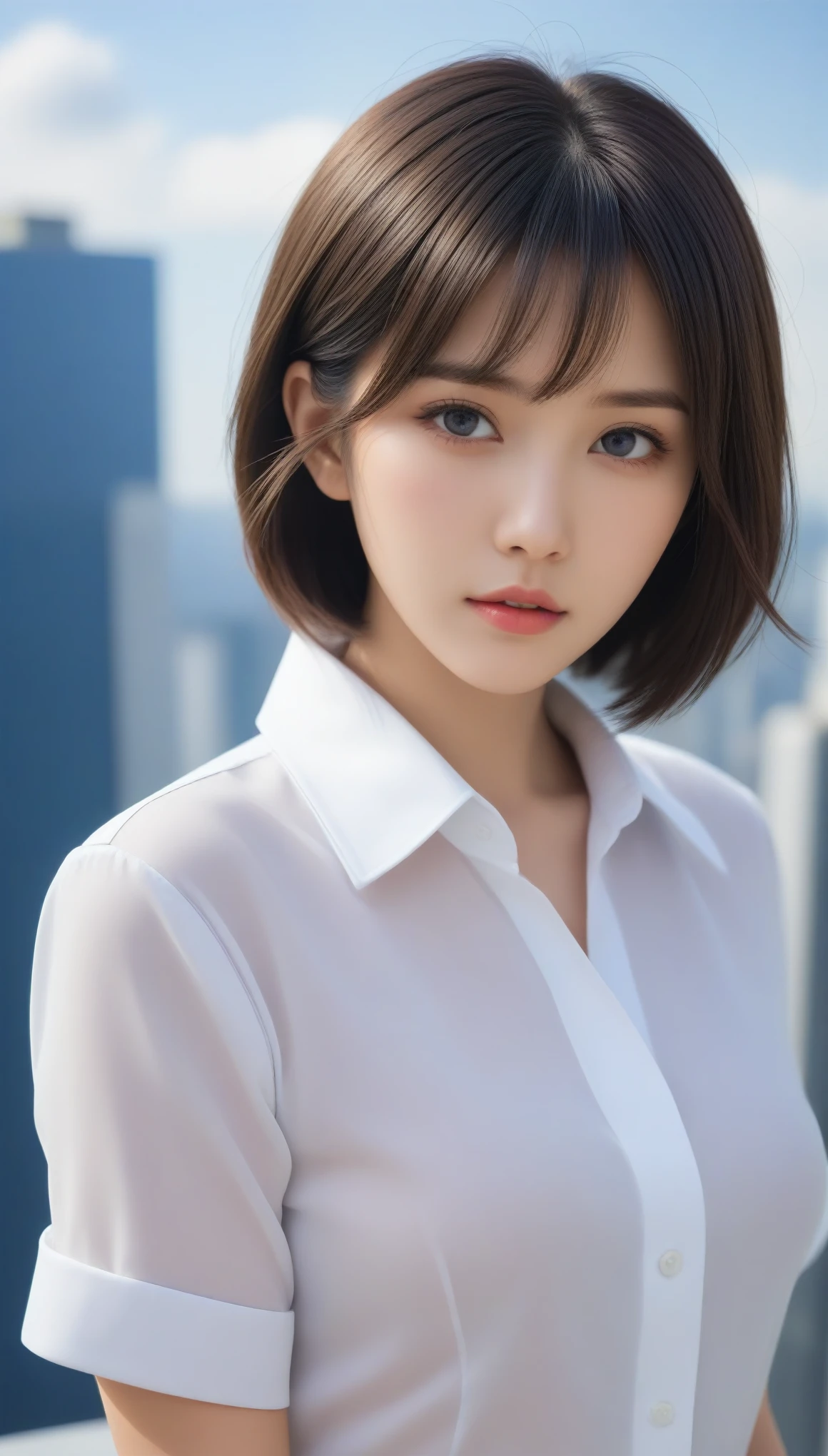 8k, Ultra-high resolution, Highest quality, masterpiece, 三分割法によるphotograph,Surreal, photograph, 1 , (:1.3), cute, cute顔, 細部までBeautiful Eyes, 細かくdetailedに,masterpiece,One Girl:1.2,Japanese women,Female announcer,upper body,glaring,Black short hair,messy hair,from below,(White shirt:1.3),Dark blue blazer,Rooftop,white collar,blue sky,Background of skyscrapers,(Beautiful attention to detail),Subtle details, detailedな顔,anger,Attractive eyes,(ポートレートphotograph:1.4),(Photorealistic images:1.4),Fantasy art,(Beautiful Face:1.4),美しくAttractive eyes、Beautiful Eyes,Silver residue,(Tight waist:1.4)、(Beautiful with perfect body proportions:1.4),Pink Lips,profile,(((Ideal body type))),A-cup small breasts :2,、Portraiture:2、Perfect Anatomy、鮮明なdetailed、detailed,Fashion magazine cover,Thin lips,完璧でBeautiful Face ,完璧でcute顔, Skin with attention to detail, Perfect limbs、Narrow waist,Surreal,Light and shadow,sunlight
