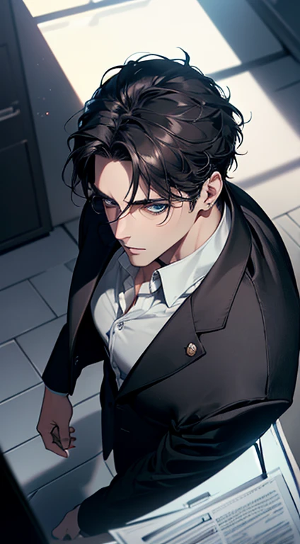 (best quality, masterpiece, 8K, photorealistic, cinematic lighting, 1:4 hdr image, top view, ultra detailed, beautiful image), a mature man, very handsome, short black hair, blue eyes, perfect face without errors , ((buttoning his jacket, CEO))