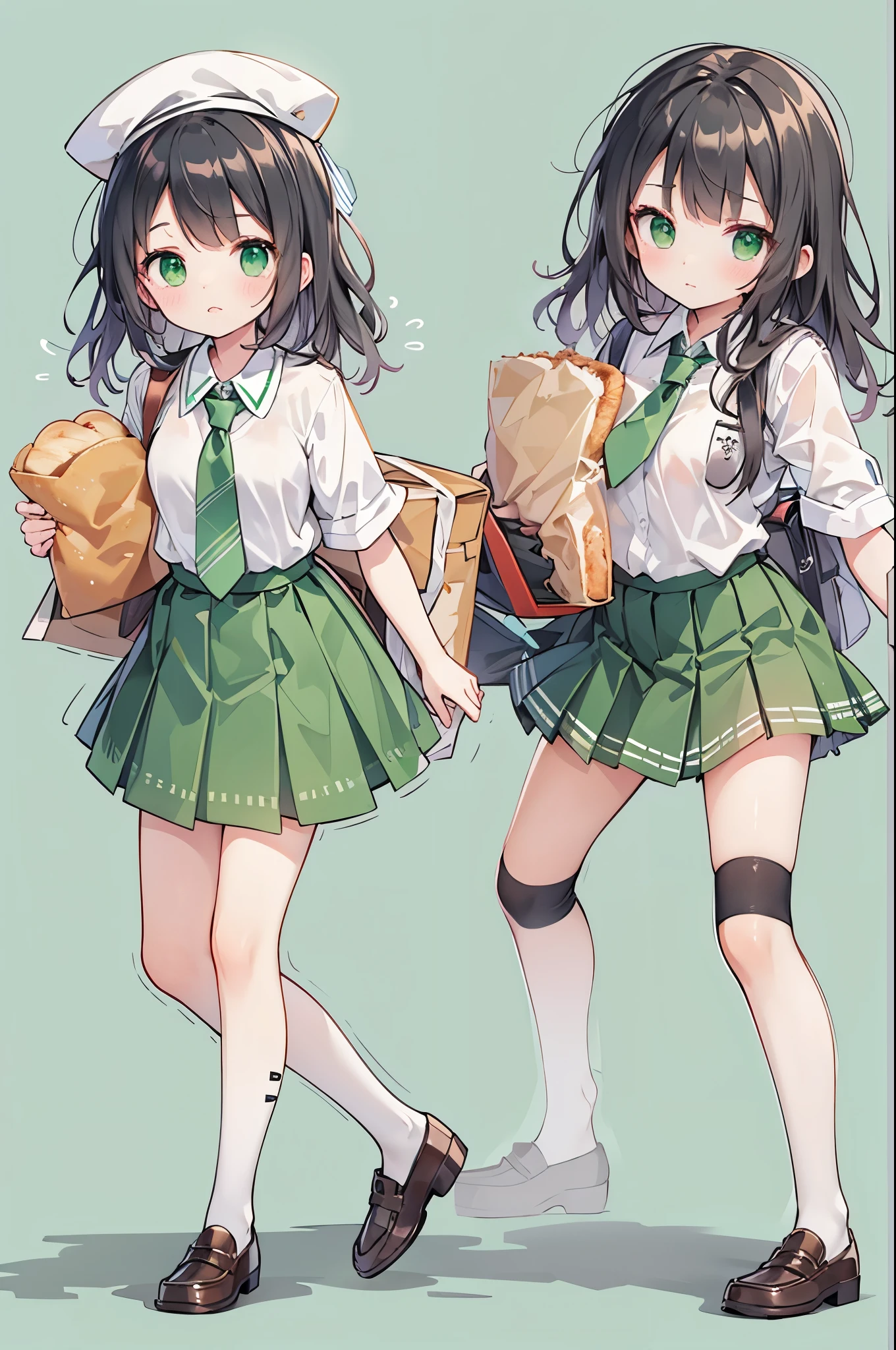 ((Highest quality, 8k, masterpiece: 1.3)), whole body,1 personの,1 person,,Glamorous Body,cute,Grim expression,Black Hair,Beautiful emerald green eyes,Long Hair,Put a loaf of bread in your mouth,Sprinting,Run,((White short-sleeved blouse,tie)),((Green pleated mini skirt,loafers)),School zone,Carry a school bag,