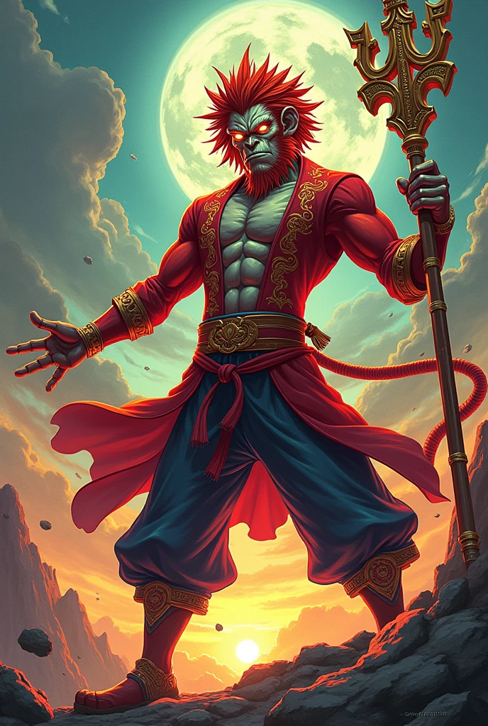 Design a figure of Wukong holding a baton