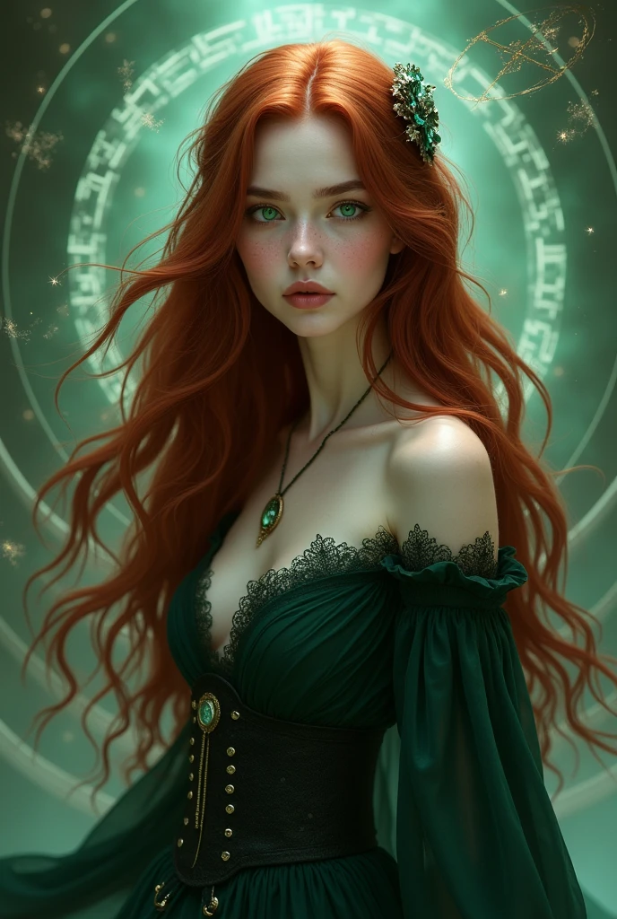 A woman with long dark red hair, beautiful green eyes and fair skin, a beautiful witch