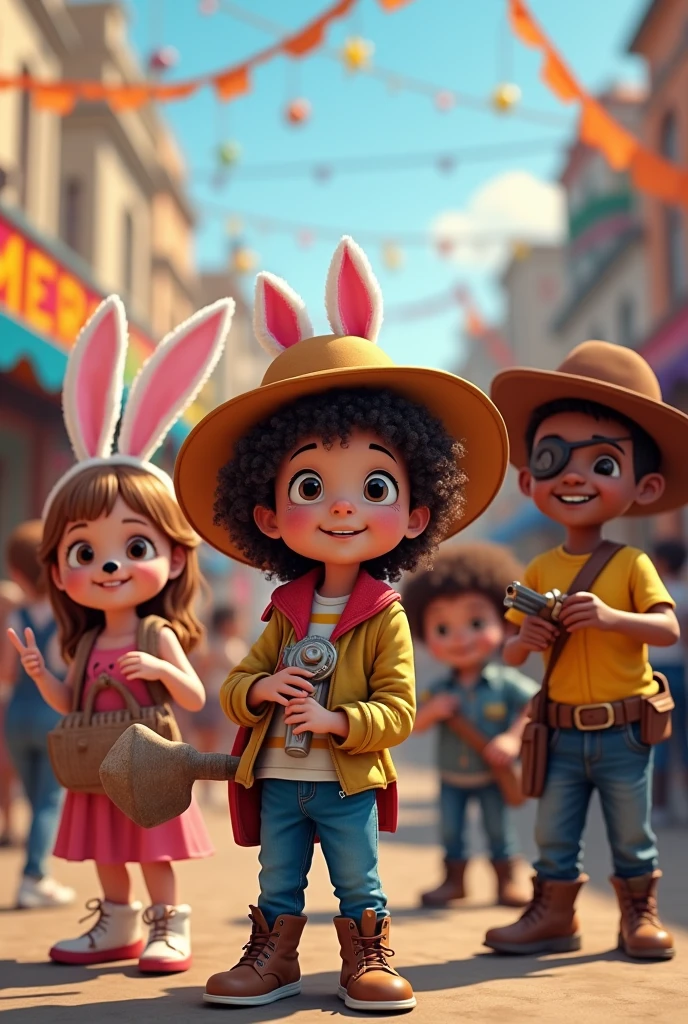 Children in poor costumes at carnival. A girl wears bunny ears and has a black painted nose, another girl wears feathers in her curly hair and a toy axe. A boy wears a much too big cowboy hat and a toy gun, another boy an eye patch and an empty bottle of rum. Another boy is Elon Musk as a .