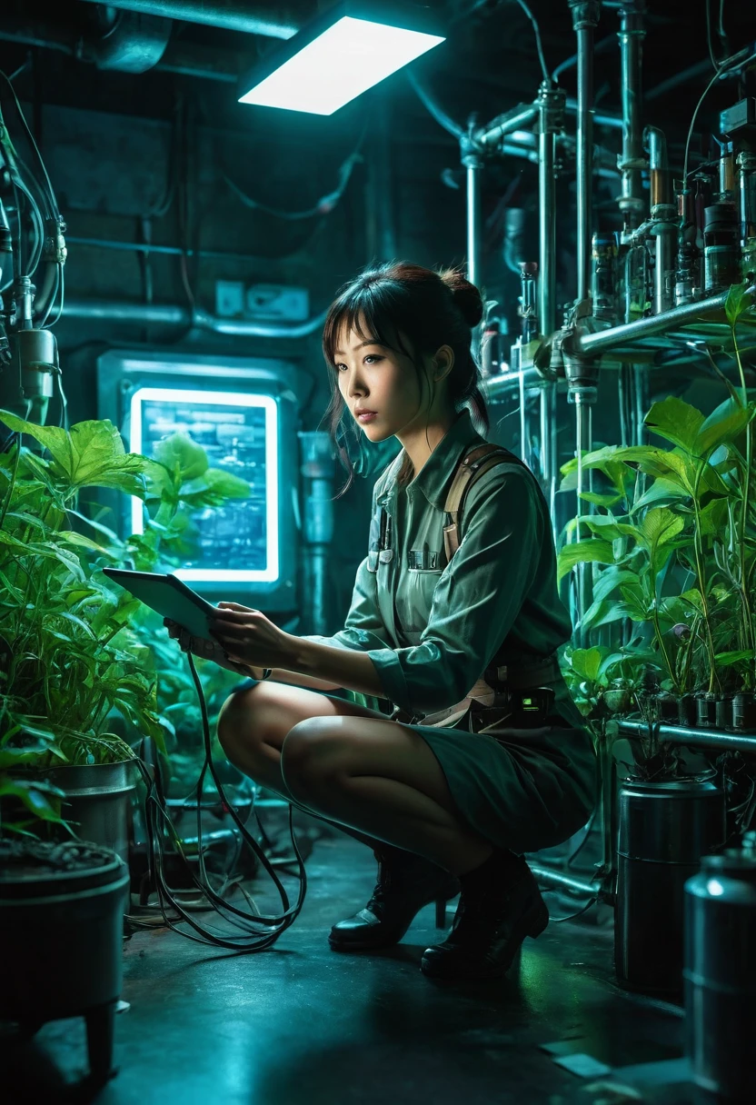 Genius botanist lady ducktail Misaki, she crouching behind an elaborate metal device, holding a tablet with incriminating data, and in her other hand a weapon she holds a standard flashlight, A futuristic secret laboratory, rows of glowing cylindrical containers filled with rare clematis, bioluminescent plants emitting an eerie blue-green light, Alarms blinking red, steam hissing from pipes, floor reflective, holographic display showing molecular structure of plants, vial of liquid glowing in foreground, exit sign illuminated in distance, cinematic action scene composition, saturated colors, lens flare, ultra-detailed, intricate detail Highly Detailed Eyes, Faded, 16K resolution, RAW, Nikon Z9, Creative, Masterpiece, Fantasy, High Definition, High Quality, 8k, Realistic, Dramatic Lighting, Soft Focus, Digital Illustration, Intricate Mechanics, Advanced Techniques, Dark Background Cinematic, High Contrast, High Contrast Atmosphere, (Best Quality, 4k, 8k, High Definition, Masterpiece: 1. 2), Ultra-Detailed, (Realistic, Graphic, Photorealistic: 1. 4) -- No Glass --AR 16:9 --Stylize 1000