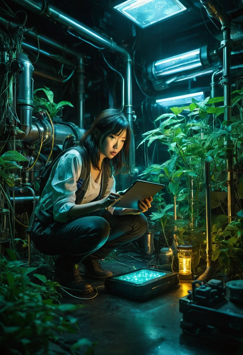 Genius botanist lady ducktail Misaki, she crouching behind an elaborate metal device, holding a tablet with incriminating data, and in her other hand a weapon she holds a standard flashlight, A futuristic secret laboratory, rows of glowing cylindrical containers filled with rare clematis, bioluminescent plants emitting an eerie blue-green light, Alarms blinking red, steam hissing from pipes, floor reflective, holographic display showing molecular structure of plants, vial of liquid glowing in foreground, exit sign illuminated in distance, cinematic action scene composition, saturated colors, lens flare, ultra-detailed, intricate detail Highly Detailed Eyes, Faded, 16K resolution, RAW, Nikon Z9, Creative, Masterpiece, Fantasy, High Definition, High Quality, 8k, Realistic, Dramatic Lighting, Soft Focus, Digital Illustration, Intricate Mechanics, Advanced Techniques, Dark Background Cinematic, High Contrast, High Contrast Atmosphere, (Best Quality, 4k, 8k, High Definition, Masterpiece: 1. 2), Ultra-Detailed, (Realistic, Graphic, Photorealistic: 1. 4) -- No Glass --AR 16:9 --Stylize 1000