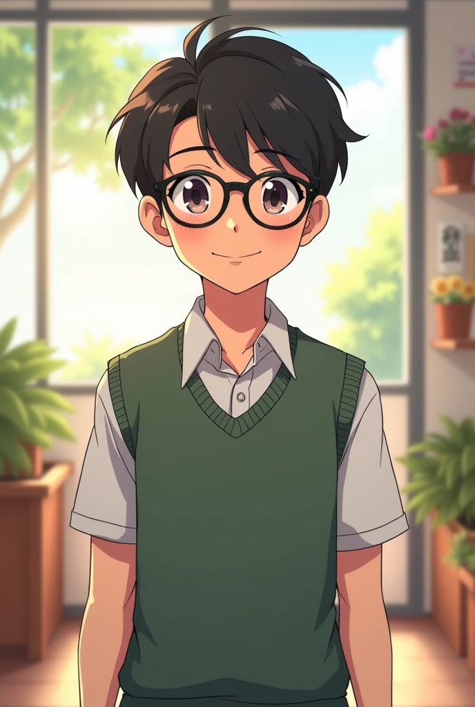 A 12 yr old boy named Jp sanchez with glasses and polite and good looking
Normal anime