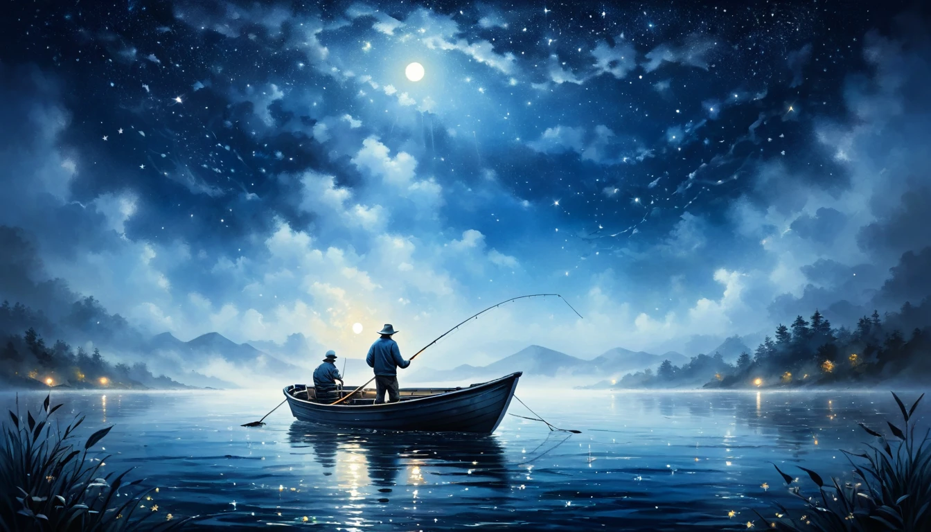 ( perfect anatomy ) There is a man fishing in a small boat on the sea. The fog is very thick. Dreamy fog painting. Fishing at night. Dark blue sea water. Starry sky. Moonlight leaves little starlight on the sea.(Bright stars) Deep blue gradient tones
High dynamic range intricate details cinematic visuals art painting-like texture is extremely delicate, (unique style)Very detailed, fresh and elegant aesthetic style, airbrush digital oil painting, movie lighting, very beautiful, perfect composition, intricate details, Super detailed and exquisite high quality work from a master artist
