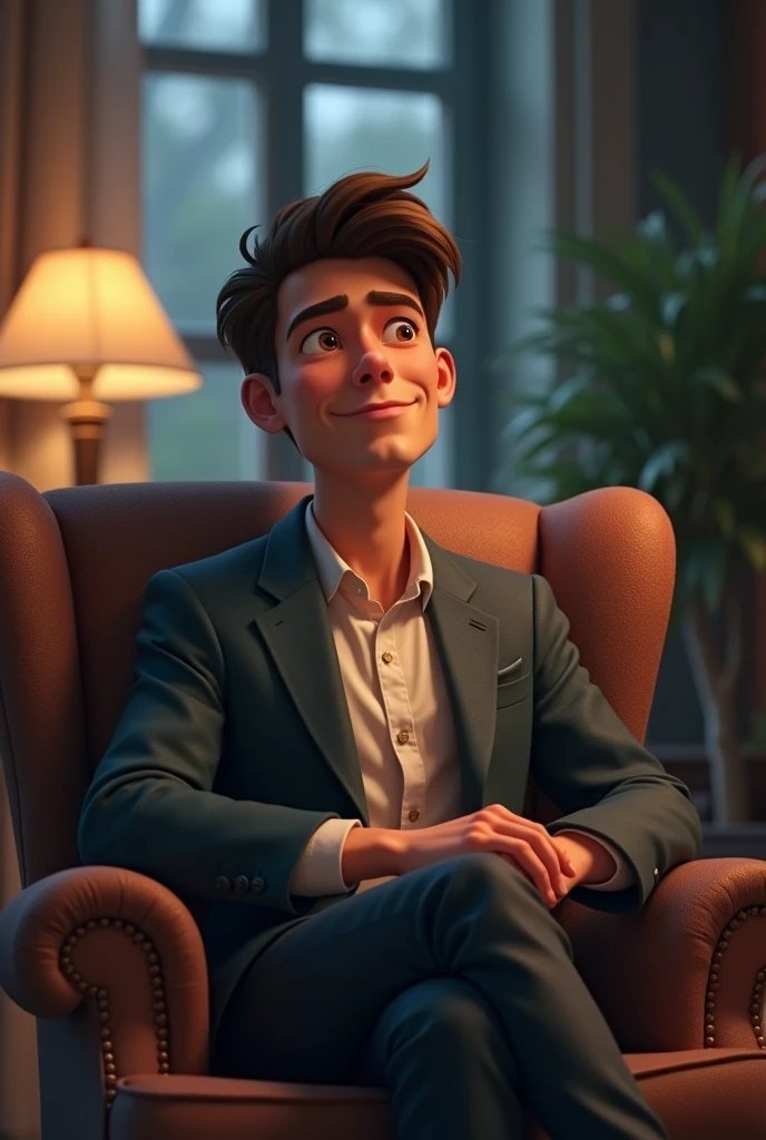 I want a picture of a cartoonish young man who is realistic and human, as if he has wisdom, he looks like a professor sitting in a chair giving advice in a quiet, low-lit room. 