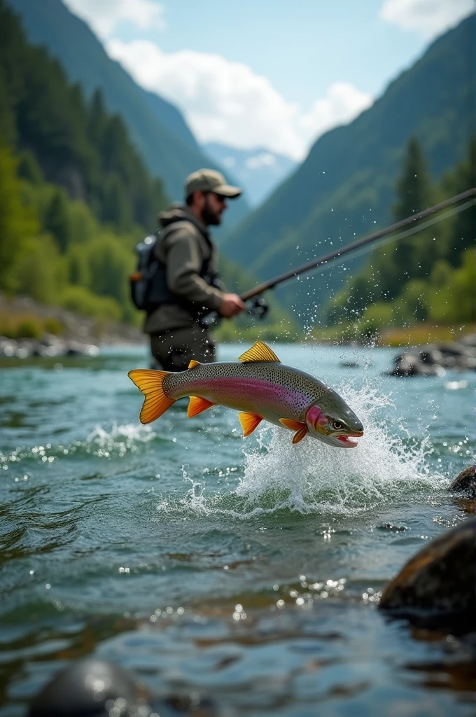 profesional photo, Lalat hinggap di atas air, Thrown from fishing rod, Yamame trout biting from underwater, dynamic movement, Clear Japanese mountain streams, (Fly Fishing), A fisherman is seen in the background looking towards us.., Bend the rod in your hand, Staring at the fish intently, BREAK When the fish bites the fly, and…