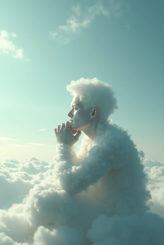 Cloud shaped like a man, face unknown, sitting with his back turned, chin in both hands, looking up at the upper left corner of the screen