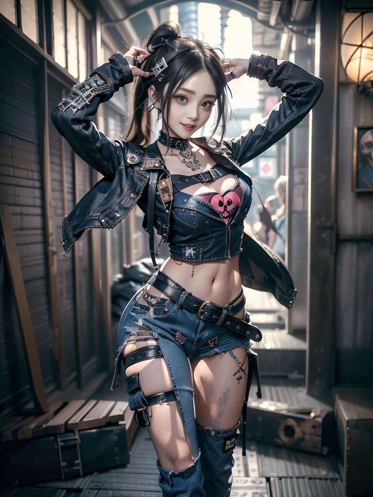 (Beautiful lips and nose:1.4)、(Long eyelashes:1.4)、(Smiling with teeth showing:1.3),(Shibuya Gal:1.5)、(Gothic Lolita delicately decorated dress:1.5)、(Tattered denim and black punk rock cargo pants:1.5)、(Denim and black navy skull mark small jacket:1.4)、(denim garter belt:1.5)、(Black and denim knee socks:1.3)、(Skull Silver Accessories:1.5)、(Denim collar:1.3)、(Brown Skin Belt:1.4)、(Brown boots:1.2)、(The underwear is striped:1.4)、31 years old、((Highest quality、In 8K、masterpiece:1.3))、Sharp focus:1.2、(Layered Cut、Huge boobs:1.1),Beautiful woman with perfect figure:1.4、(Dancing vigorously:1.3)、Slender Abs:1.2、Highly detailed face and skin texture、Detailed eyes、double eyelid,(Twin tails:1.3)、(Brown-golden hair:1.3)、Gravure idol、(The background is a vast mountain with a clear view々Beautiful luxury resort destination in Europe:1.3)、(Slim Body:1.2),(Make your legs thinner:1.4),(clavicle:1.1)