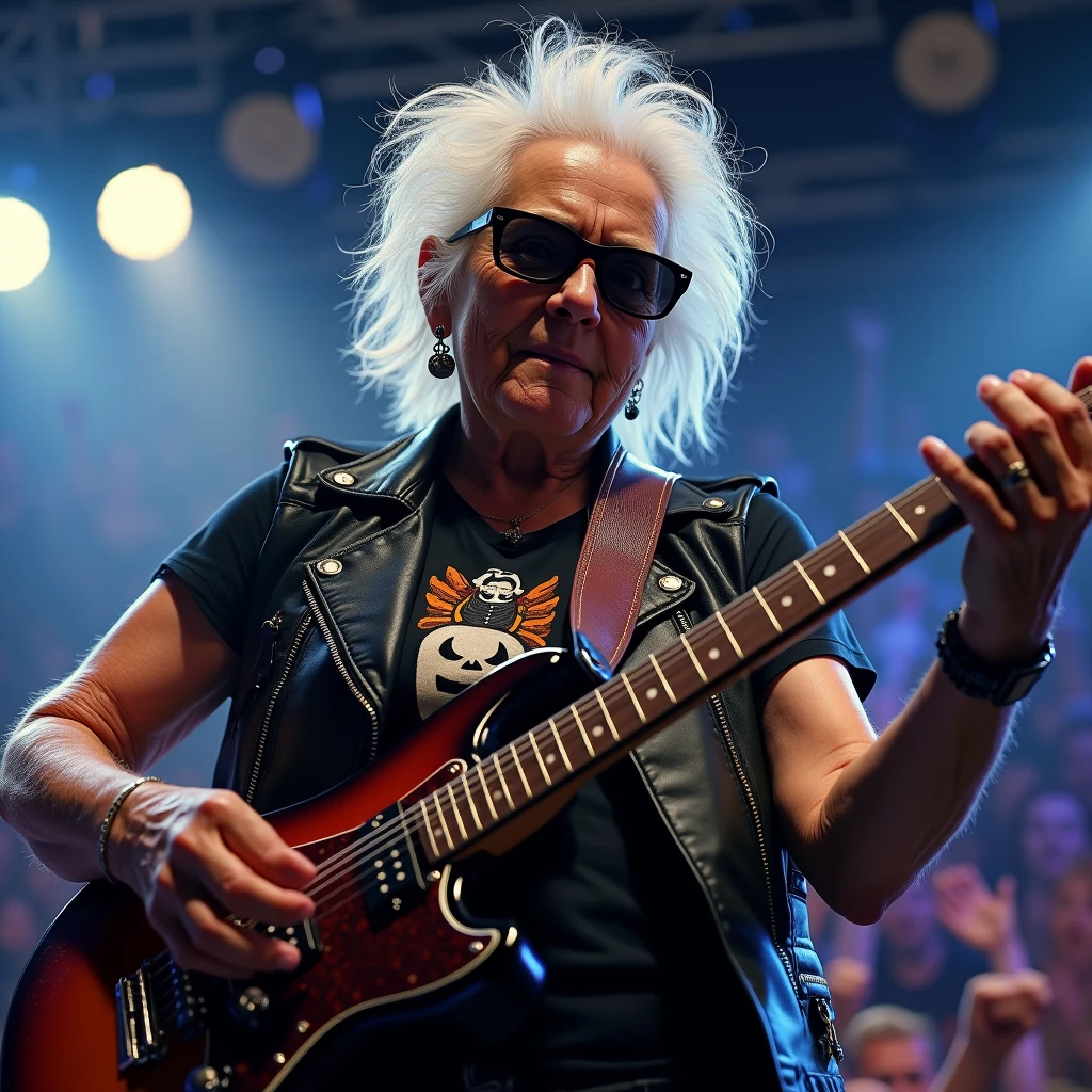ギターを弾いているイケイケ婆さん: "A detailed and realistic close-up of an elderly woman with short, spiky white hair, wearing dark sunglasses and strumming an electric guitar with a cool, focused expression. She’s dressed in a rock-and-roll outfit with a leather vest and band tee, and the background is a dimly lit concert stage with bright spotlights and a cheering crowd."