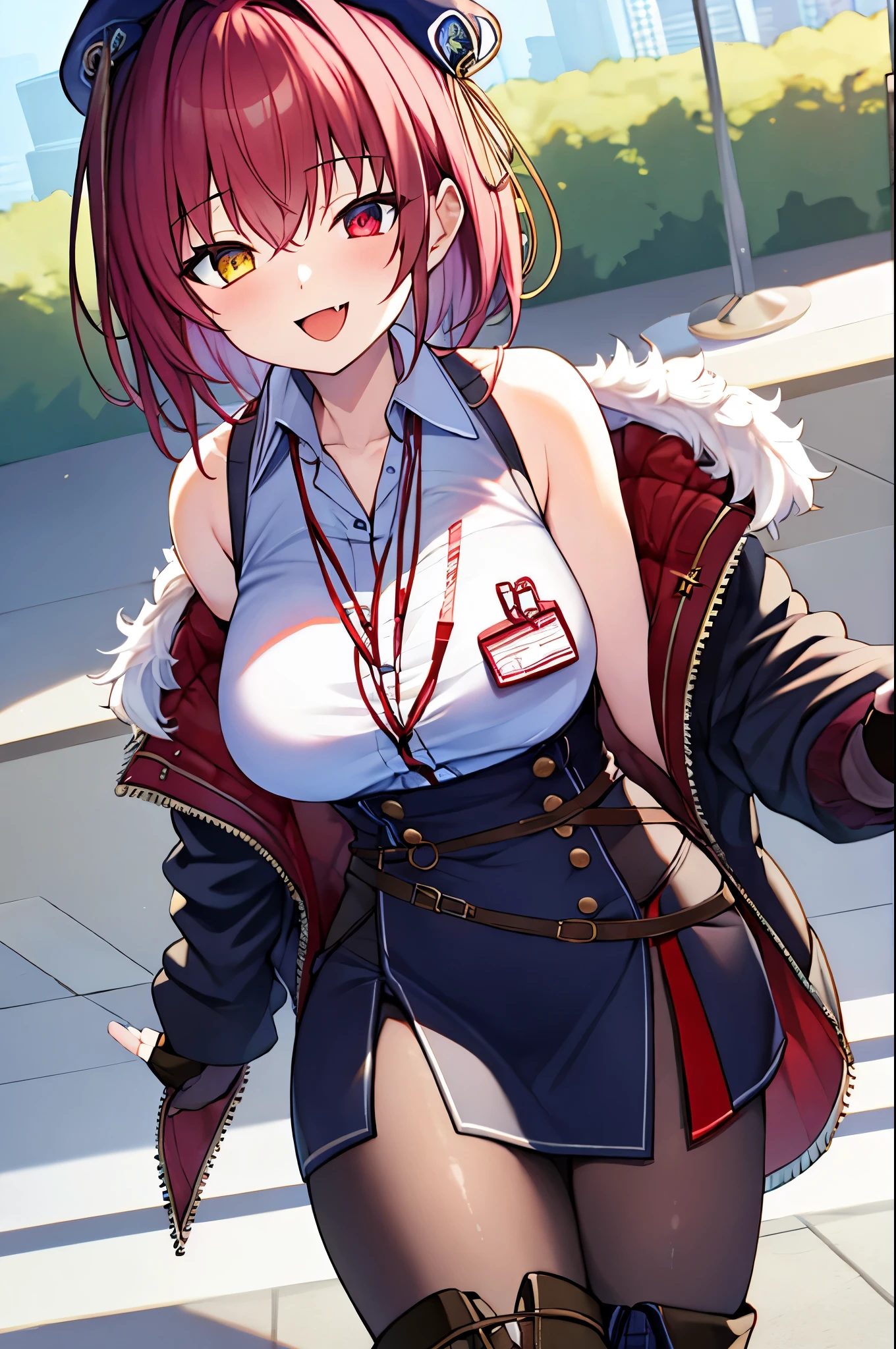 ((Masterpiece)), (Best Quality), marine_beret, Collared_White_Shirt, Sleeveless, High-waisted Skirt, Pantyhose, Blue Jacket, Fur Embellishment, Fingerless Gloves, ID Card, Solo,marine_officer,, black pantyhose, black gloves, thigh boots, beret,houshou_marine,heterochromia, red eyes, yellow eyes,open_mouth,big_smile,evil_smile,fang,large_breasts,,office_landscape,red_short_hair,(plump:0.7),open_mouth,tongue,