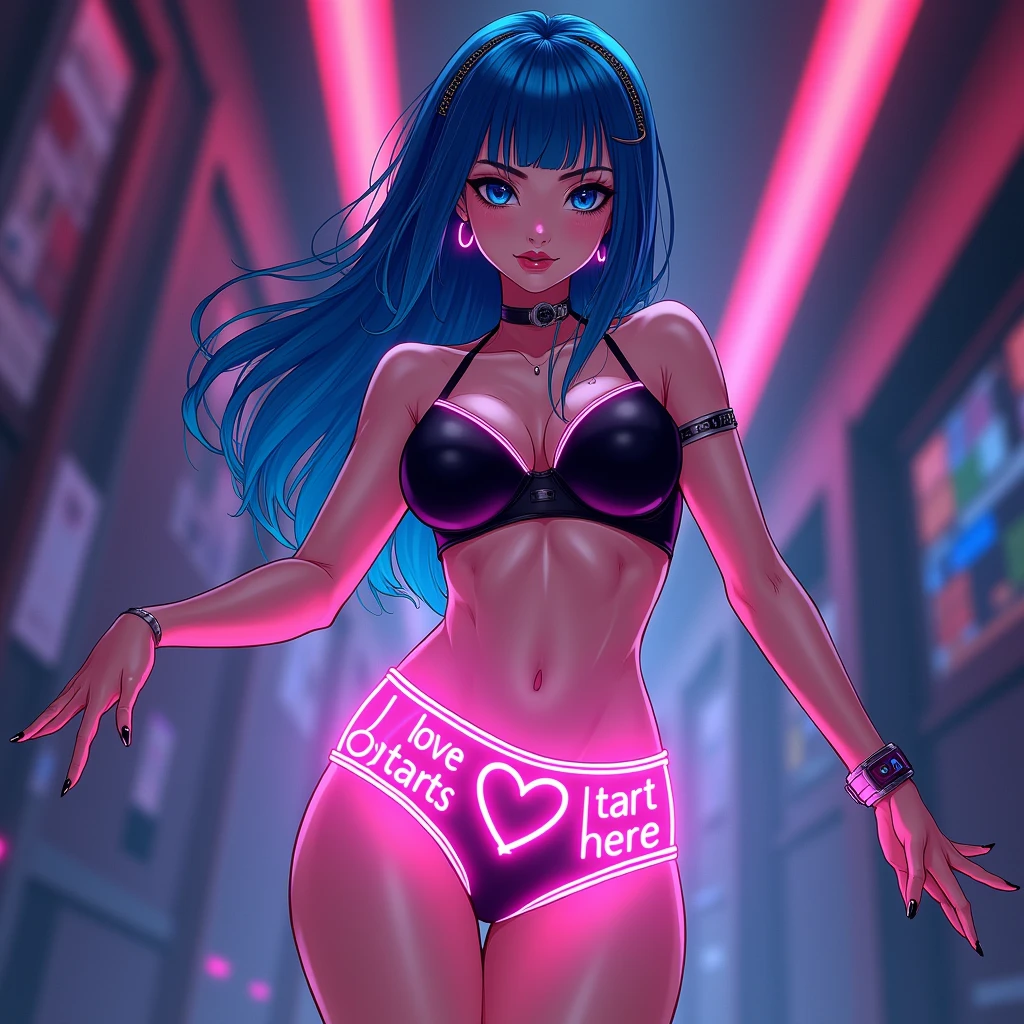 anime Illustration of a female dancer, futuristic neon, navy blue eyes and hair, posing, wearing black bra with pink outlines, fully glowing pink underpants, glowing breasts, smooth, large flirty heart symbol on lower part of underpants, boots, no embroidery. text inside heart on underpants that says "love starts here"