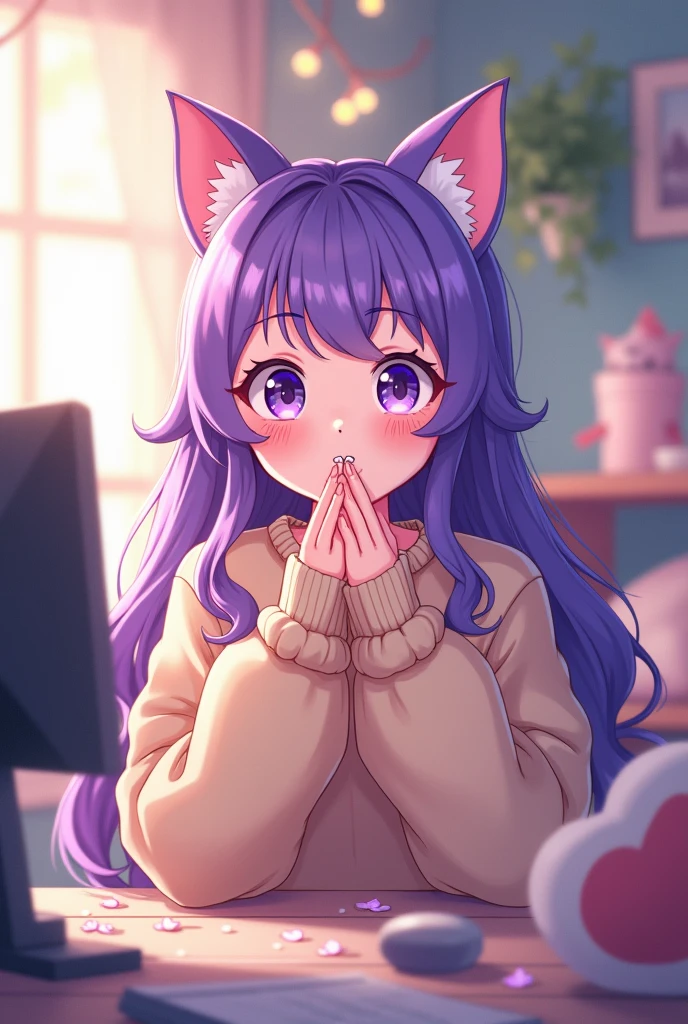 Create a 2d image of a smiling anime neko vtuber girl with purple hair doing asmr