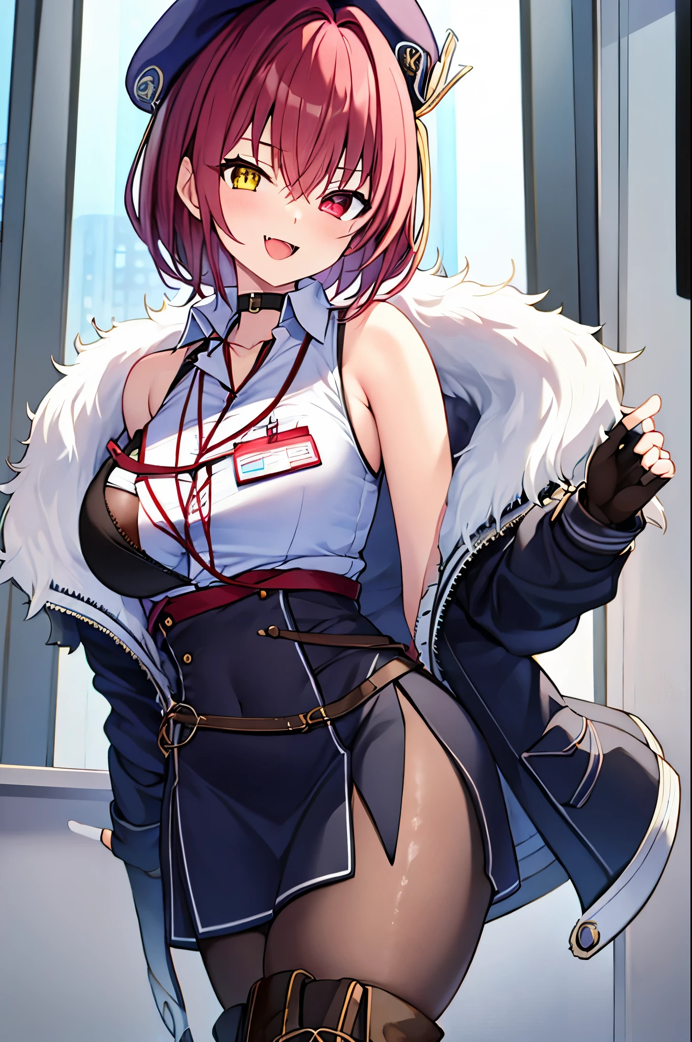 ((Masterpiece)), (Best Quality), marine_beret, Collared_White_Shirt, Sleeveless, High-waisted Skirt, Pantyhose, Blue Jacket, Fur Embellishment, Fingerless Gloves, ID Card, Solo,marine_officer,, black pantyhose, black gloves, thigh boots, beret,houshou_marine,heterochromia, red eyes, yellow eyes,open_mouth,big_smile,evil_smile,fang,large_breasts,,office_landscape,red_short_hair,(plump:0.7),open_mouth,tongue,