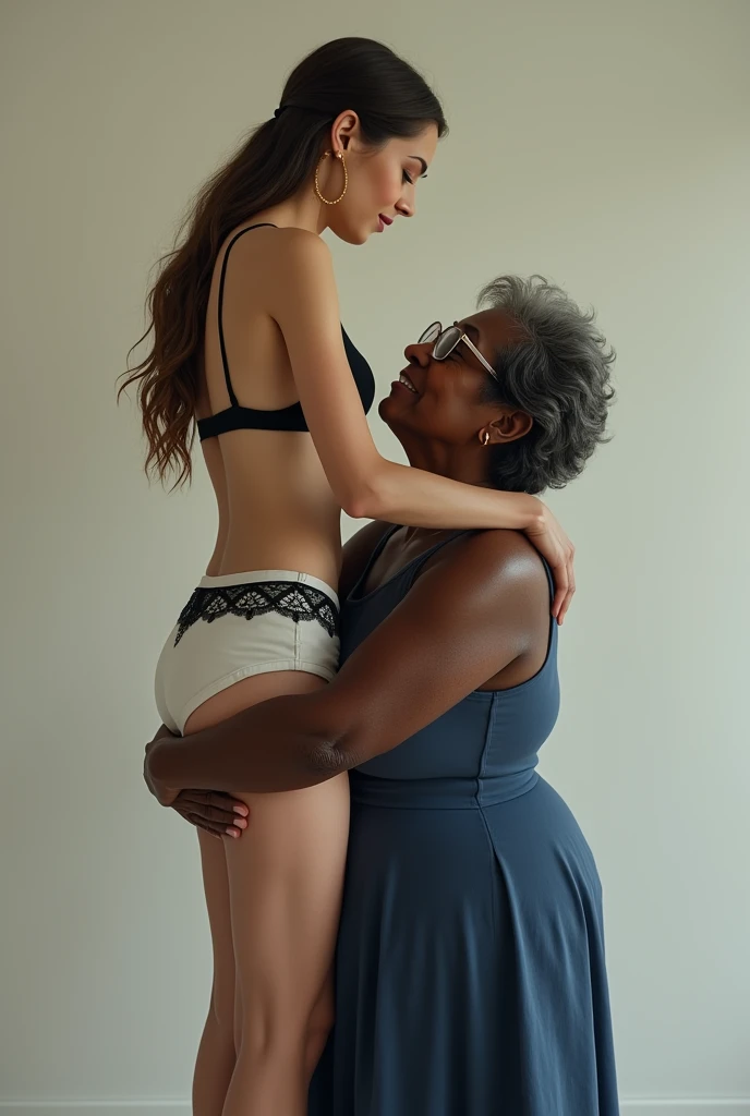 Create a photo of a 30 year old young woman, with a slender and beautiful body, wearing white shorts and black lace bra, with white and clear skin, with long light brown hair, wearing hoop earrings has her back to the camera as she is lifted high up by her butt onto the shoulder of an obese black 90 year old elderly lady, dark black skinned, who has short hair, who wears glasses and a blue dress