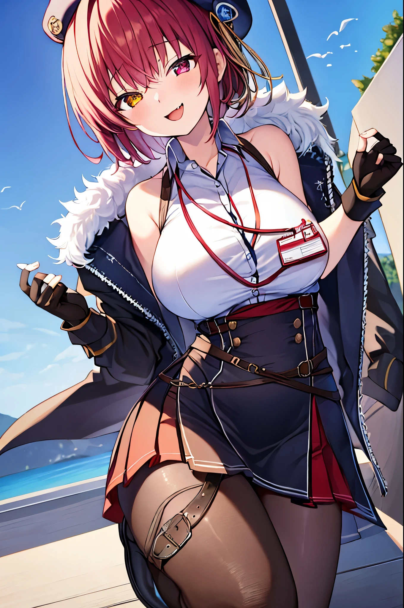 ((Masterpiece)), (Best Quality), marine_beret, Collared_White_Shirt, Sleeveless, High-waisted Skirt, Pantyhose, Blue Jacket, Fur Embellishment, Fingerless Gloves, ID Card, Solo,marine_officer,, black pantyhose, black gloves, thigh boots, beret,houshou_marine,heterochromia, red eyes, orange eyes,open_mouth,big_smile,evil_smile,fang,large_breasts,,office_landscape,red_short_hair,(plump:0.7),open_mouth,tongue,