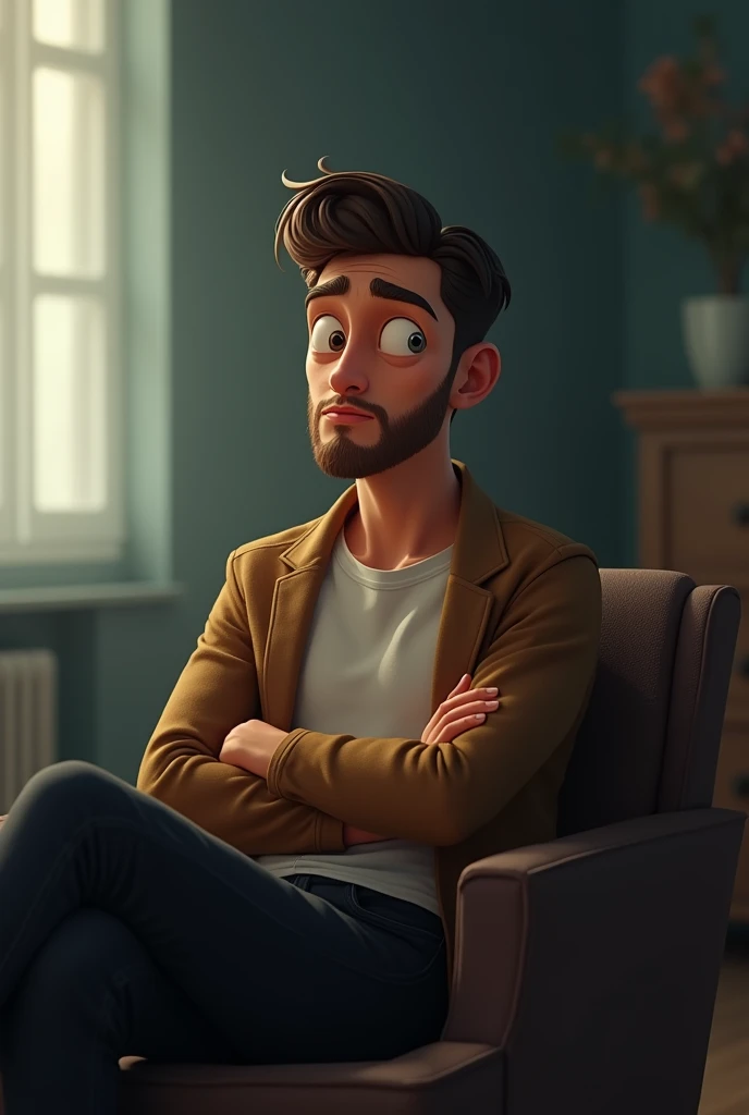 I want a picture of a cartoonish young man who is realistic and human, as if he has wisdom, looks like a professor sitting on a chair giving advice in a quiet, low-lit room, as if he is talking and looks real