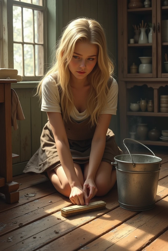 Cinderella with blonde hair , cleaning the floor of your house CREATE REALISTICLY